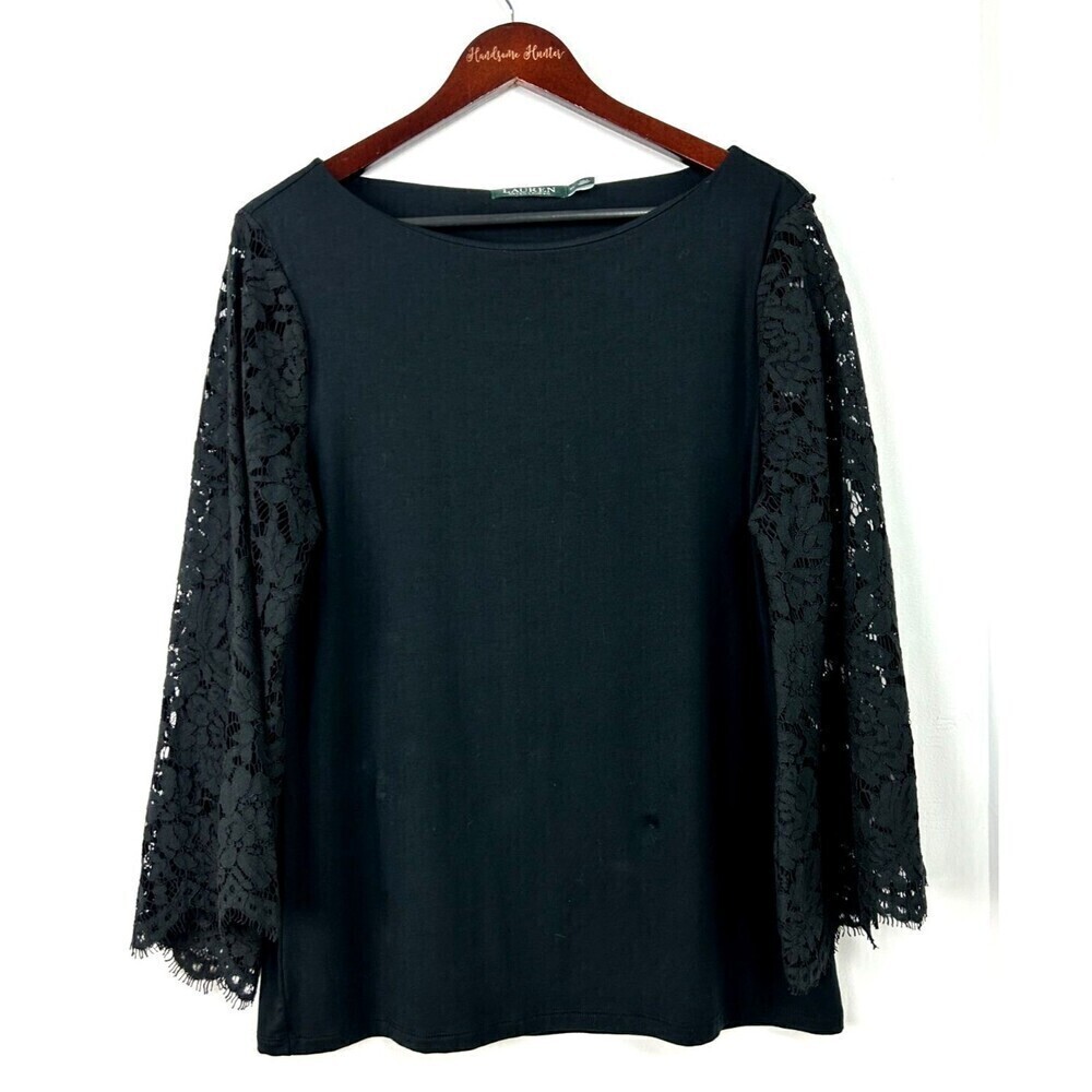Lauren Ralph Lauren Women XL Blouse Black Lace Bell Sleeve Fairycore Whimsigoth - Picture 5 of 12
